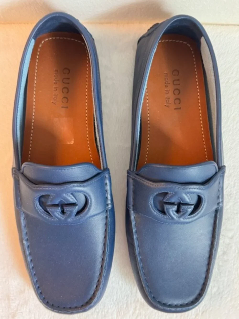 Gucci Men’s Blue Leather Interlocking G Driving Loafers Size 8